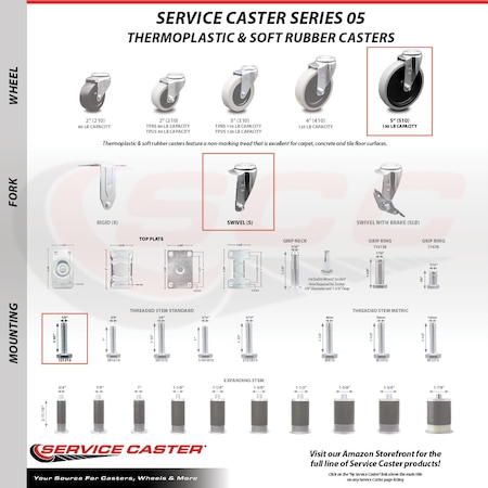 Service Caster 5 Inch Thermoplastic Wheel 1/2 Inch Threaded Stem Caster Set with 2 Brakes SCC SCC-TS05S510-TPRS-121315-2-SLB-2